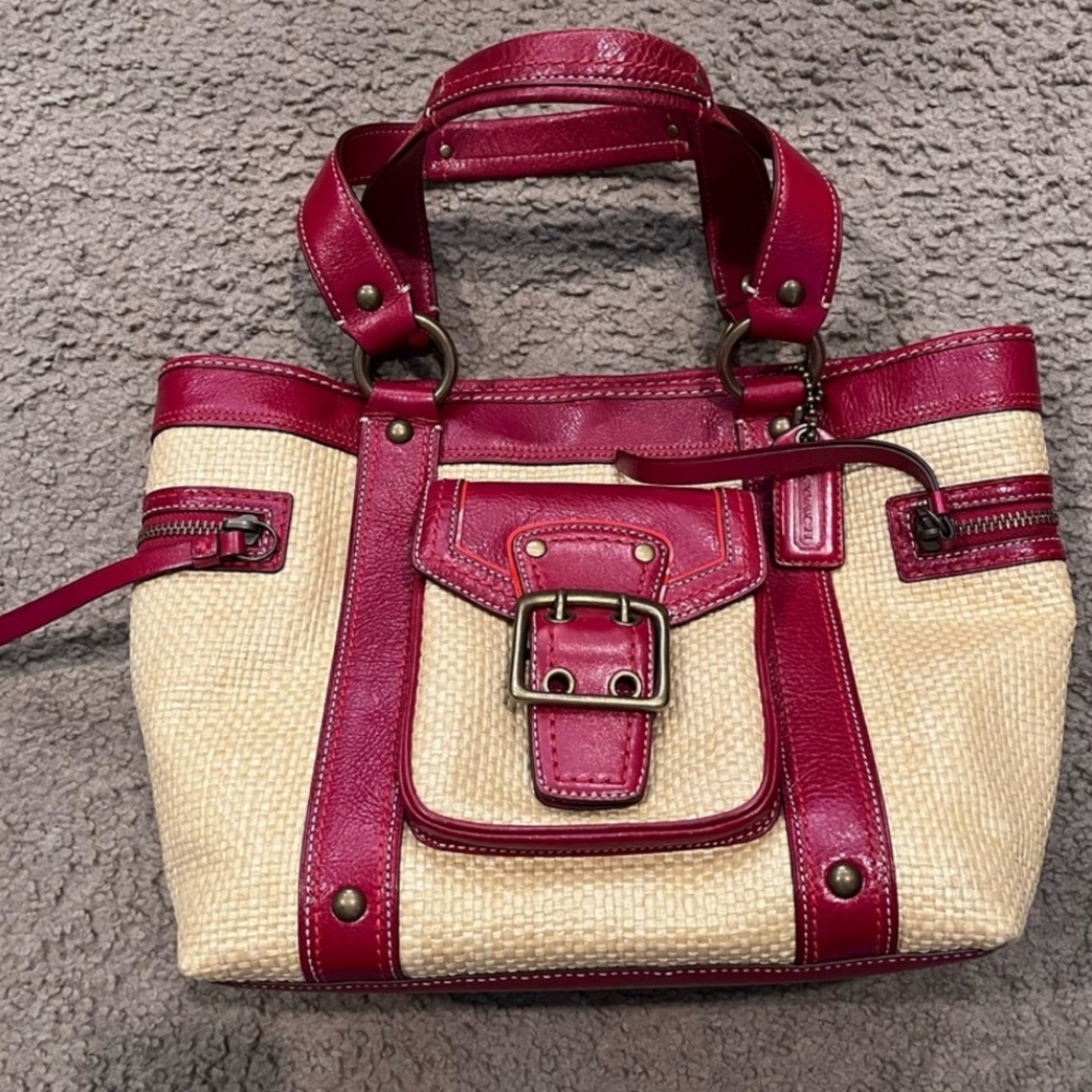 Coach Red Leather and Raffia Handbag